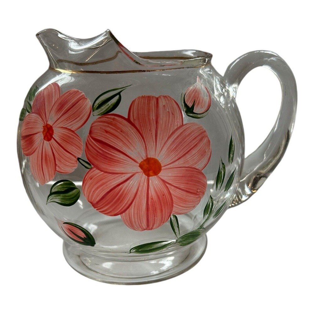 Vtg clear Glass Round Ball Pitcher‎ Hand Painted Flowers ice lip